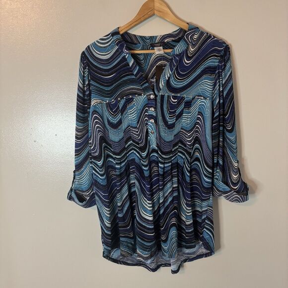Cocomo Woman NEW Blue Wavy Geometric Blouse Pleated Top Sz 1X - Picture 1 of 10